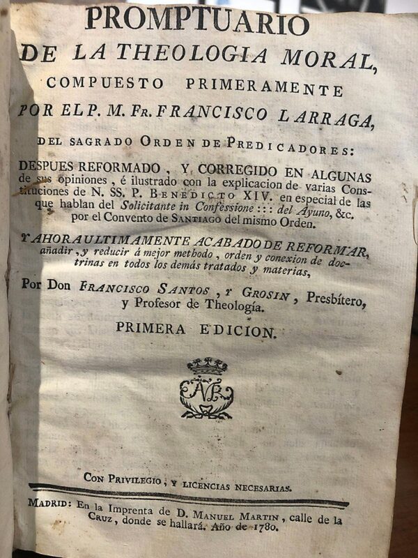 Libro: PROMPTUARIO DE LA THEOLOGIA MORAL Acabado De Reformar Por Francisco Santos y Grosin. PRIMERA EDICIÓN. | Autor: | Libros Bosch