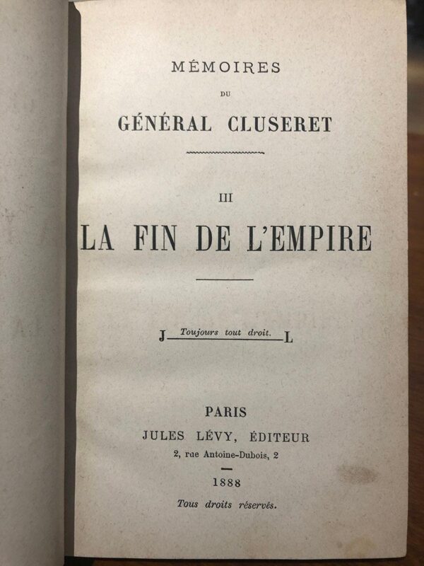 Libro: Mémoires du Général Cluseret. 3 tomos. | Autor: | Libros Bosch
