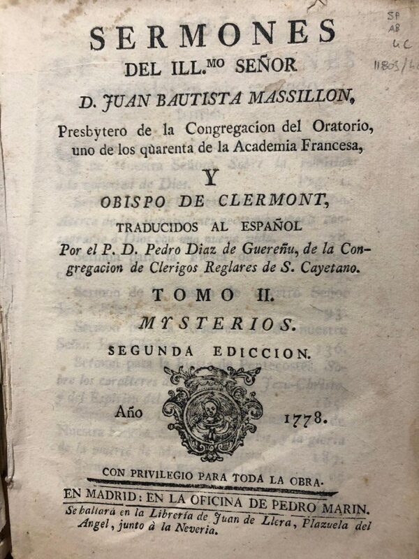 Libro: Sermones del Illmo... Traducidos al español por Pedro Díaz de Guereñu. Tomo II. Mysterios. Segunda edición. | Autor: | Libros Bosch