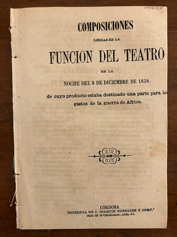 Libro: Composiciones leídas en la Función de Teatro en [...] 1859. De cuyo producto estaba destinado una parte para los gastos de la Guerra de África. | Autor: | Libros Bosch