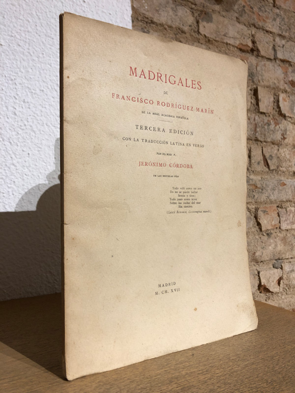 Libro: Madrigales de. Tercera edición con la traducción latina en verso por Jerónimo Córdoba. CON DEDICATORIA AUTÓGRAFA. | Autor: | Libros Bosch