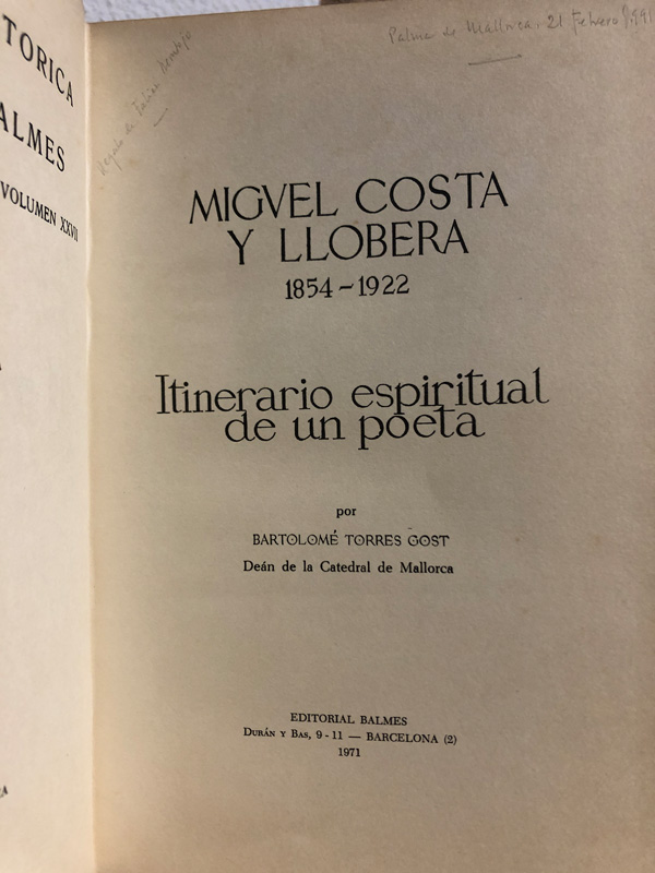 Libro: Miguel Costa y Llobera. 1854-1922 - Itinerario espiritual de un poeta. | Autor: | Libros Bosch