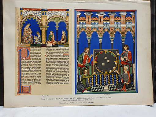 Libro: [Cromolitografía] Copia de las páginas 1 y 90 del Libro de los Juegos mandado hacer por D. Alonso X el Sabio. | Autor: | Libros Bosch