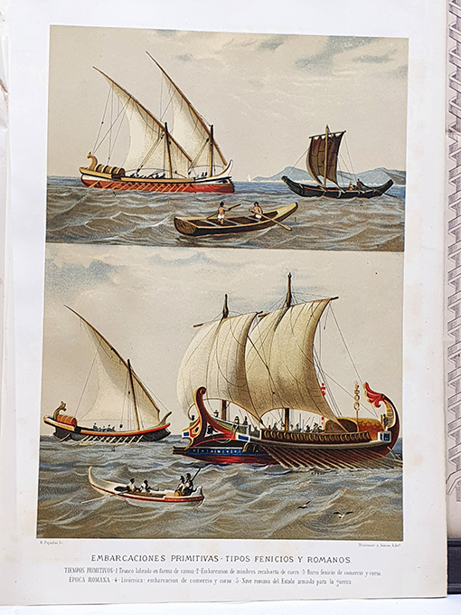 Libro: [Cromolitografía] Embarcaciones primitivas. Tipos fenicios y romanos. | Autor: | Libros Bosch