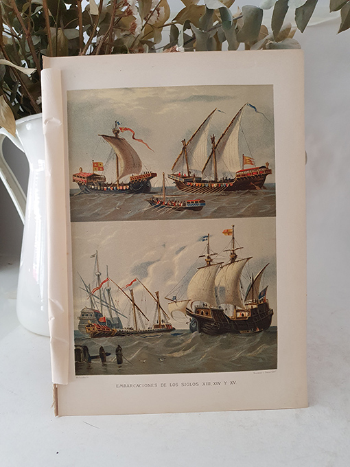 Libro: [Cromolitografía] Embarcaciones de los siglos XIII, XIV y XV. | Autor: | Libros Bosch