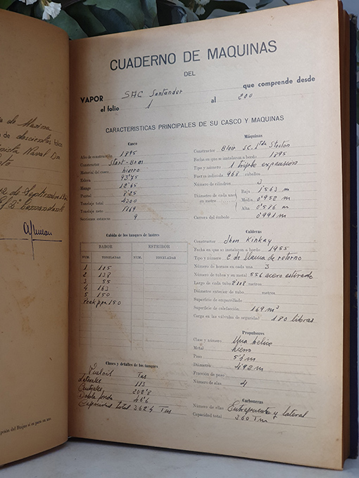 Libro: Barco a vapor SAC Santander. Cuaderno de máquinas / motores para barcos a vapor. Año de 1962. Siendo Segundo Maquinista Naval D. Manuel Bellido Pinto. | Autor: | Libros Bosch