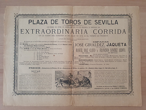 Libro: [Cartel]. Plaza de Toros de Sevilla, 1879. José Giraldez Jaqueta - Manuel Díaz Lavi - Francisco Sánchez Arjona | Autor: | Libros Bosch