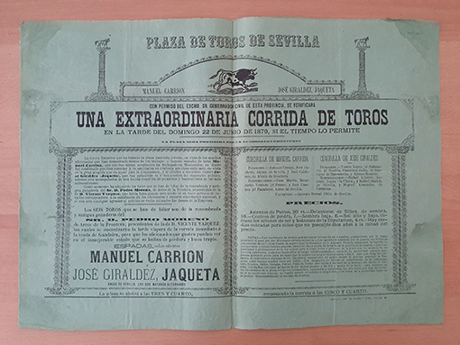 Libro: [Cartel]. 1879. Plaza de Toros de Sevilla. Corrida de Toros. Manuel Carrión - José Giráldez, JAQUETA. | Autor: | Libros Bosch