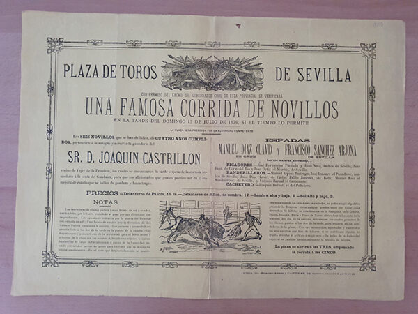 Libro: [Cartel] Plaza de Toros de Sevilla. Corrida de Novillos. 6 Novillos de Joaquín Castrejón. Espadas: Manuel Díaz (Lavi) - Francisco Sanchez Arjona. | Autor: | Libros Bosch
