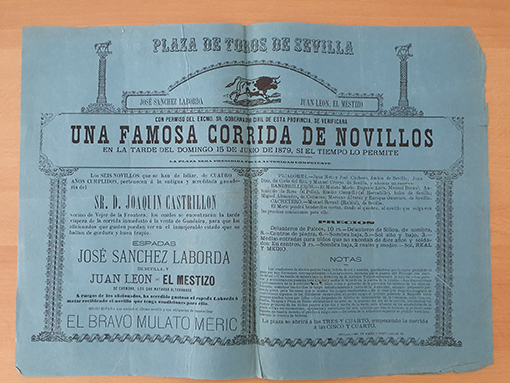 Libro: [Cartel]. Plaza de Toros de Sevilla, 1879. Una famosa corrida de Novillos. José Sánchez Laborda - Juan León El Mestizo. El bravo Mulato Meric. Ganadería de Joaquín Castrillón. | Autor: | Libros Bosch