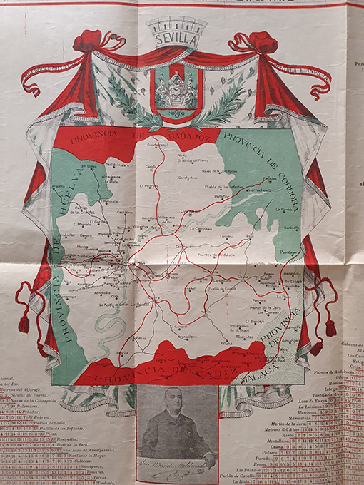 Libro: Tabla Itineraria y Plano de la Provincia de Sevilla. 1902. Señala las distancias de todos sus pueblos entre si en Leguas comunes. | Autor: | Libros Bosch