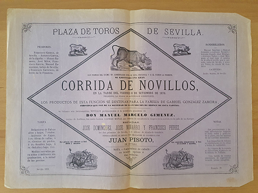 Libro: [Cartel]. Plaza de Toros de Sevilla, 1876. Una gran corrida de Novillos. Espadas José Domínguez, José Navarro y Francisco Pérez. Ganadería de Manuel Marcelo Giménez. | Autor: | Libros Bosch