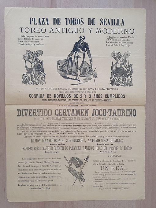 Libro: [Cartel]. Plaza de Toros de Sevilla, 1879. Gran competencia de los imitadores del Toreo Antiguo y Moderno. Divertido certamen Joco-Taurino. Espadas: Ramón Díaz (Chacón el Sombrerero); Antonio Mesa (Guaillo); Francisco Rubio (Maestro barbero de Pumarejo); Antonio Tello (El Picador de Toros). | Autor: | Libros Bosch
