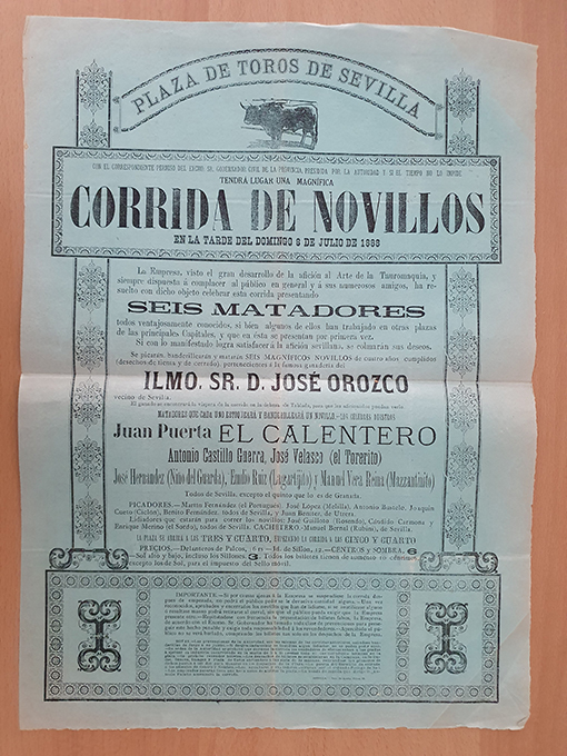 Libro: [Cartel]. 1888. Corrida de Novillos. Juan Puerta, EL CALENTERO; Antonio Castillo Guerra, José Velasco, EL TORERITO; José Hernández, NIÑO DEL GUARDA; Emilio Ruiz LAGARTIJITO; Manuel Vera Reina MAZZANTINITO. | Autor: | Libros Bosch