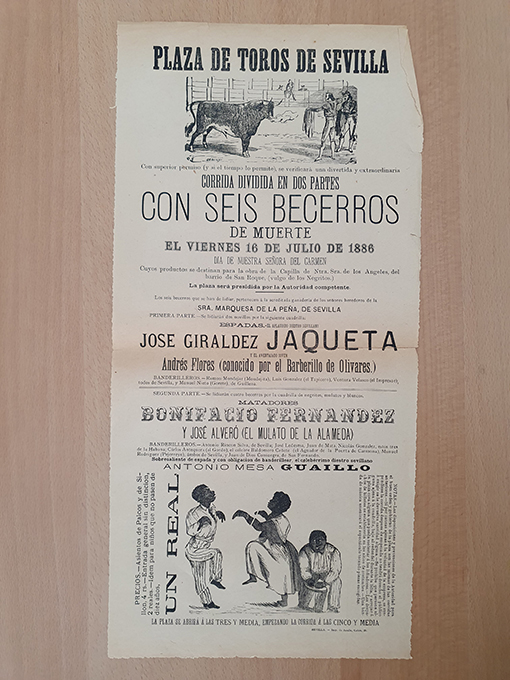Libro: [Cartel]. 1886. Corrida de Seis Becerros de Muerte. José Giraldez, JAQUETA; Andrés Flores BARBERILLO DE OLIVARES; Cuadrilla de negritos, mulatos y blancos. Bonifacio Fernández; José Alveró MULATO DE LA ALAMEDA; Antonio Mesa, GUAILLO. | Autor: | Libros Bosch