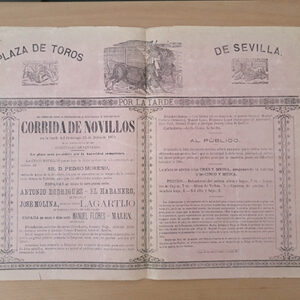 [Cartel]. Plaza de Toros de Sevilla, 1875. Antonio Rodríguez, El Habanero; José Molina, primo de Lagartijo; Manuel Flores, Malen. Ganadería de Pedro Moreno.