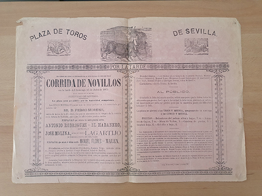 Libro: [Cartel]. Plaza de Toros de Sevilla, 1875. Antonio Rodríguez, El Habanero; José Molina, primo de Lagartijo; Manuel Flores, Malen. Ganadería de Pedro Moreno. | Autor: | Libros Bosch