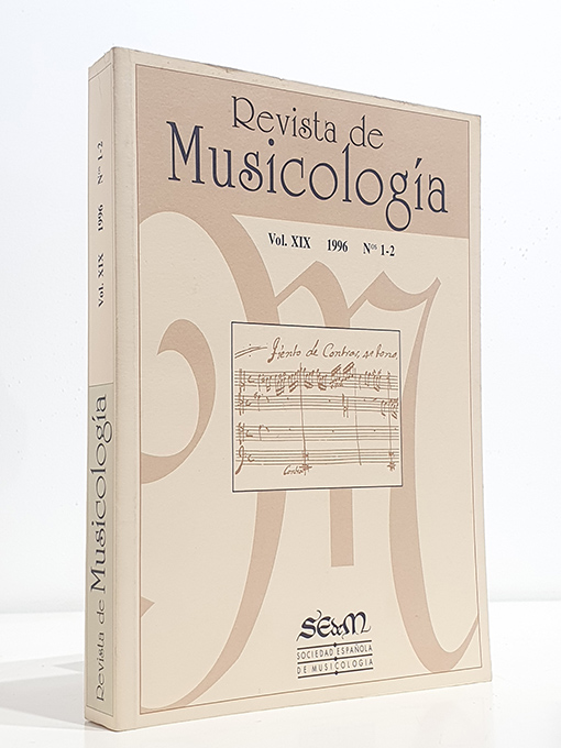Libro: Revista de Musicología, vol. XIX, 1996, nº 1-2- Manuela Cortés García: Sobre la música y los efectos terapéuticos en la "Epístola sobre las melodías" de Ibn Bayya - Mari Carmen Gómez Muntané: La música laica en el reino de Castilla en tiempos del Condestable don Miguel Lucas de Iranzo (1458-1473)- José Ignacio Palacios Sanz: Relación de maestros de capilla y organistas de la catedral de El Burgo de Osma (Soria) (l562-1996)- Ricardo Miranda: Aves, ecos, alientos y sonidos: Juana Inés de la Cruz y la música- Carlos Martínez Gil: Ofrécese compañía de ministriles para tocar en fiestas. Sobre la formación de una compañía de ministriles en Tóledo en 1668- Miguel Bernal Ripoll: Las contras de los órganos barrocos del País Valenciano. Reflexiones sobre su empleo en la música de Cabanilles- Juan Miguel González Fernández: El oficio de la gaita en la Galicia tradicional de los siglos XVII-XIX- María Concepción Peñas García: Los Acuña, una familia de músicos- Carlos José Gosálvez Lara y José María Soto de Lanuza: El grabado musical en España. La calcografía de Santamaría - Robert Parker: A Falla Champion in Mexico: Carlos Chávez- Christiane Heine: Fernando Remacha (1898-1984): su despedida de la música- Carmen Rodríguez Suso: La música vasca en los años sesenta Catalogación de fondos musicales- M. June Yakeley: New Sources of Spanish Music for the Five Course Guitar Textos teóricos- Luis Robledo: Del pitagorismo a la justa entonación: los tratados musicales de Juan Pérez de Moya y de Juan Segura- María Sanhuesa Fonseca: El tratado Falsas practicables para músicos (manuscrito, 1651) de Jayme de Ciervo Tesis doctorales españolas sobre música- Jon Bofill i Soliguer: Construcció intervàlica en la música tardana de L. Van Beethoven per a piano i de cambra- José Luis Palacios Garoz: Estética musical del barroco tardío valenciano. José Pradas Gallén (1689-1757)- Carmen Rodríguez Suso: Fragmentos con notación musical en el País Vasco (siglos XII-XVIII)- Paloma Otaola González: El humanismo musical de Francisco Salinas- María-Àngels Subirats: La cançó de bressol: un fenómen etnomusicológic- Ignacio Susaeta Llombart: La música en las fuentes hemerográficas del siglo XVIII español: referencias musicales en la Gaceta de Madrid, y artículos de música en los papeles periódicos madrileños- Rosa Martínez Anguita: La música civil y religiosa en Jaén en el siglo XIX- Josep M. Villar I Torrens: Les simfonies de Carles Baguer: fonts, context i estil- Francesc Cortès I Mir: El nacionalismo musical de Felip Pedrell a través de sus óperas: Els Pirineus, La Celestina y El Comte Arnau- Carmen Julia Gutiérrez González: La himnodia medieval en España- Jordi Ballester I Gibert: Iconografía musical a al Corona dAragó (1350-1500): Els cordòfons representants en la pintura sobre taula. Catàleg inconogràfic i estudi organològic- Francisco Javier Garbayo Montalbes: La viola y su música en la catedral de Santiago entre el barroco y el clasicismo- Manuela Cortés García: Kunnas al Haik, edición, traducción y estudio NoticiasNoticias de 1995 y 1996. Coordinación: Cristina Bordas- Congreso internacional "Música y literatura en la Península Ibérica: 1600-1750" (José Máximo Leza Cruz)- Congreso internacional de Canto gregoriano III Milenio (José Maria Sánchez Verdú)- Simposium " Ruperto Chapí y la música de su tiempo" (Celsa Alonso)- I Congreso Internacional de cultura mozárabe (historia, arte, literatura, liturgia y música)- Exposición "Imágenes para la lírica: el teatro musical español a través de la estampa (1850-1936)" (Carlos José Gosálvez Lara)- II Congreso Internacional de Música Árabe (Manuela Cortés García)- Conferencia internacional "Dance and Boundaries in Society, Politics, Gender, Education and Tecnology" (Marta Carrasco)- Internacional Conference celebrating 100 years of music at the Universtiy of Melbourne (Yolanda Acker)- V Congreso de la Associazione Internazionale Studi di Canto Gregoriano (Juan Carlos Asensio)- Intercambios culturales: España y Lationamérica, ca. 1550-1750 (Michael Noone)- Jornadas Iberoamericanas de etnomusicolgía. II Encuentro de etnomusicólogos iberoamericanos (Enrique Cámara de Landa)- II Congreso internazionale sul clavicordio (Nelly van Ree Bernard)- Encuentro internacional "Música y músicos españoles y cubanos. Influencias mutuas durante los siglos XIX y XX" (Celsa Alonso)- Congreso internacional "La zarzuela en España e Hispanoamérica. Centro y periferia. 1800-1950" (Antonio Álvarez Cañibano)- International Conference "Austria, 996-1996: Music in a changing society" (Carmen Rodríguez Suso)- II Congreso Internacional de Ontología (Javier Goldáraz)- Coloquio internacional "Fuentes musicales en la Península Ibérica (ca. 1250-1550)" (Juan Carlos Asensio)- Congreso internacional "Il teatro dei due mondi. Migrazioni e circolazione Del lramma per musica fra L'Italia, La Spagna, il Portogallo e Le Americhe latine"( José Máximo Leza Cruz)- Seminário "Trovadores, juglares y predicadores de la Edad Media y su divulgación a finales del siglo XX"(Maricarmen Gómez)- Exposición "Els postres Luthiers. Escultores del so". Exposición "Bajo el signo del ave fénix. Colección Rivière de instrumentos de arco" (Cristina Bordas) BibliografíaReseñas bibliográficas. Coordinación: Xoàn M. Carreira- Filippo Coppola / Manuel García Bustamante, "El robo de Porserpina y Sentencia de Júpiter 1678" (Dinko Fabris)- Nicola Fago "il Tarantino", "Le cantate da camara". Tomo I (Miguel Á. Marin)- Carlos José Gosálvez Lara, "La edición musical española hasta hasta 1936" (Alejandro Luis Iglesias)- Jesús Ángel de la Lama, "El órgano barroco español, I. Naturaleza, II. Registros (1ª parte) y (2ª parte) (Louis Jambou)- Jesús Luque Moreno, "Arsis, Thesis, Ictus. Las marcas del ritmo en la música y en la métrica antiguas (Antonio Moreno Hernández)- Jesús Luque Moreno, "De Pedibus, De Metris. Las unidades de medida en la rítmica y en la métrica antiguas (Antonio Moreno Hernández)- Gimpaolo Mele, "Psalterium-Hymnarium Arborense. II manoscritto P. XIII della Cattedrale di Oristano (secolo XIV/XV). Studio codicologico, paleografico, testuale, storico, liturgico, gregoriano (Juan Carlos Asensio)- Antonio Odriozola, "Catálogo de libros litúrgicos, españoles y portugueses, impresos en los siglos XV y XVI" (Alejandro Luis Iglesias)- Carmen Rodríguez Suso, "La monodia litúrgica en el País Vasco. (Fragmentos con notación musical de los siglos XII al XVIII)" (Juan Carlos Asensio)- Robert J. Snow, "A New- World Collection of Polyphony for Holy Week and the Salve service. Guatemala City, Cathedral Archive, Music Ms. 4" (Dionisio Preciado) | Autor: | Libros Bosch