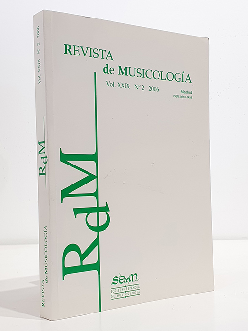 Libro: Revista de Musicología, vol. XXIX, 2006, nº 2.Mª Paz López-Peláez Casellas: Sobre la capital iluminada "M" que abre LAntica musica ridotta alla moderna practica de Nicola VicentinoEdward C. Pepe: The Installation by Tiburcio Sanz and Félix de Yzaguirre of the Jorge de Sesma Organ for Mexico City Cathedral: 1692-95Luis Robledo Estaire: Música y cofradías madrileñas en el siglo XVII: los Esclavos del Santísimo Sacramento de la Magdalena y los Esclavos del Santo Cristo de San GinésMaría Asunción Flórez Asensio: Los vientos se paran oyendo su voz: de "partes de música" a "damas de lo cantado". Sobre la evolución de la técnica vocal en el teatro español de los siglos XVII y XVIIILothar Siemens Hernández: José Rodríguez Martín (1754-1814), un destacado binstrumentista y compositor canario que emigró a VenezuelaAlberto Muñoz de Sus: Nuevas perspectivas sobre el tempo en la música del siglo XVIII y principios del XIX a partir de las indicaciones metronómicas antiguasIsabel Lozano-Martínez - Miguel Ángel Jiménez Arnáiz: Sucintas nociones de armonía y composición aplicadas a la guitarra por Félix Ponzoa y Cebrián. Manuscrito de música M/1003 de la Biblioteca Nacional (Madrid)Esteban Elizondo Iriarte: Cien años de música para órgano en el País Vasco y Navarra (1880-1980). La obra para órgano de Martín Rodríguez, Eduardo e Ignacio Mocoroa, José María Beobide y Tomás de Elduayen Tesis doctorales:Juan Pablo Fernández-Cortés: El mecenazgo musical de las Casas de Osuna y Benavente (1733-1844). Un estudio sobre el papel de la música en la alta nobleza españolaFaustino Porras Robles: Los instrumentos musicales en el Románico Jacobeo. Estudio organológico, evolutivo y artístico-simbólico Reseñas bibliográficas:Lothar Siemens Hernández: Las canciones de trabajo en Gran Canaria. Estudio de una parcela de la etnomusicología insular.Germán Labrador López de Azcona: Gaetano Brunetti (1744-1798). Catálogo crtico, temático y cronológico.Matilde Olarte Martínez (ed.). La música en los medios audiovisualesAmaya Sara García Pérez: El concepto de consonancia en la Teoría Musical: de la Escuela Pitagórica a la Revolución Científica Noticias:VII Festival Internacional de Música de Tecla Española "Diego Fernández" (FIMTE 2006) (Cristina Bordas)I Maratón Global Scarlatti: "Scarlatón" (Luisa Morales) | Autor: | Libros Bosch